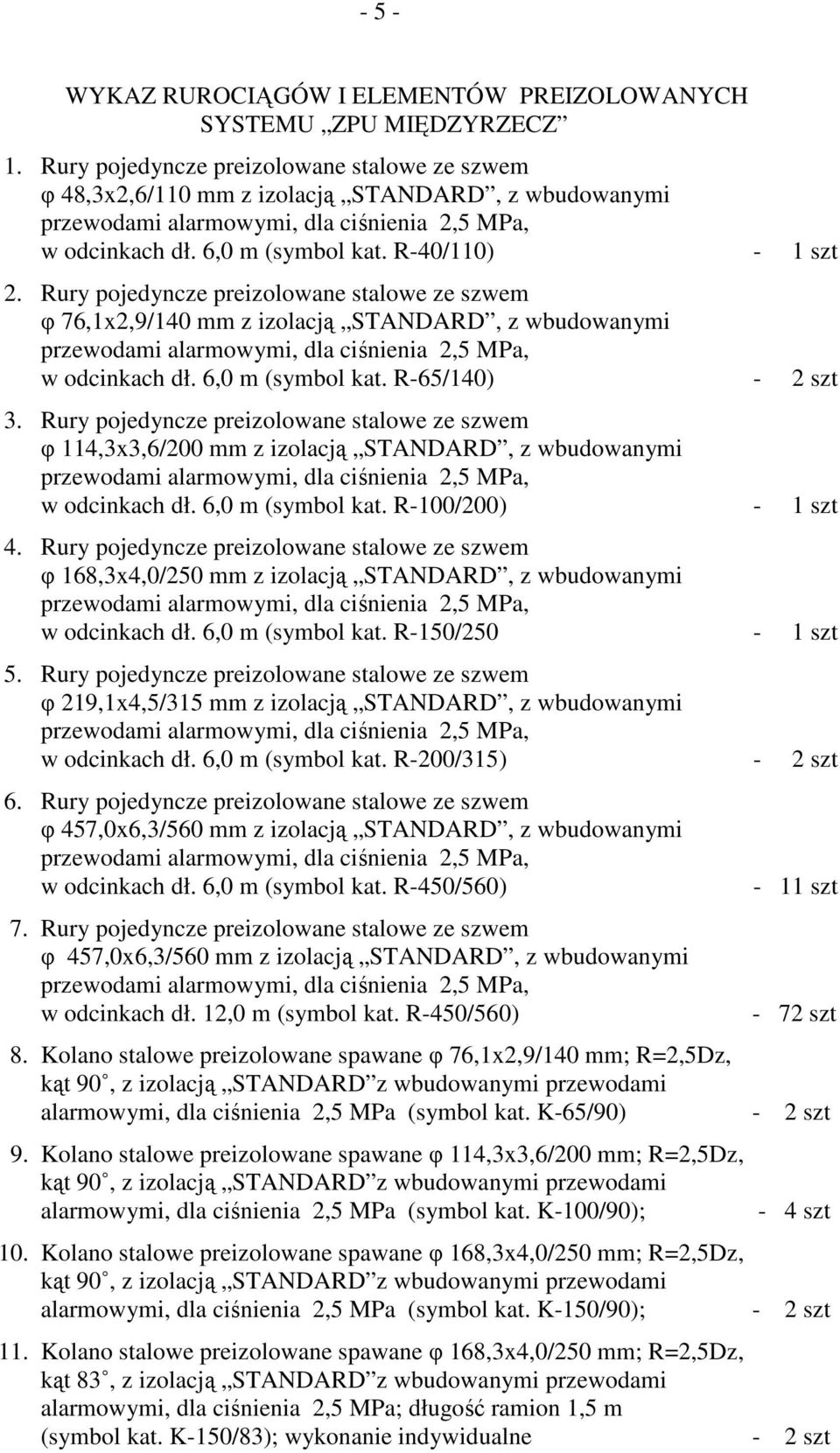 Rury pojedyncze preizolowane stalowe ze szwem φ 114,3x3,6/200 mm z izolacją STANDARD, z wbudowanymi w odcinkach dł. 6,0 m (symbol kat. R-100/200) - 1 szt 4.