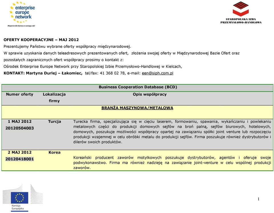 Enterprise Europe Network przy Staropolskiej Izbie Przemysłowo-Handlowej w Kielcach, KONTAKT: Martyna Durlej Łakomiec, tel/fax: 41 368 02 78, e-mail: een@siph.com.