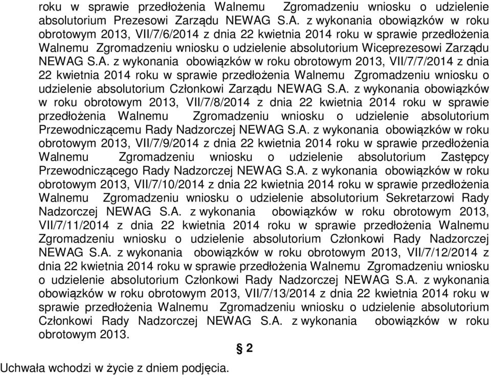 S.A. z wykonania obowiązków w roku obrotowym 2013, VII/7/7/2014 z dnia 22 kwietnia 2014 roku w sprawie przedłożenia Walnemu Zgromadzeniu wniosku o udzielenie absolutorium Członkowi Zarządu NEWAG S.A.