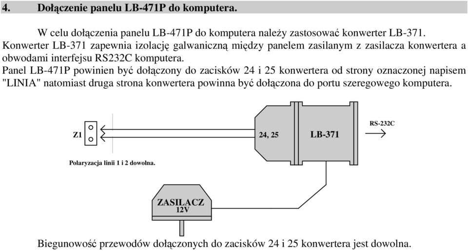 Panel LB-471P powinien być dołączony do zacisków 24 i 25 konwertera od strony oznaczonej napisem "LINIA" natomiast druga strona konwertera powinna być