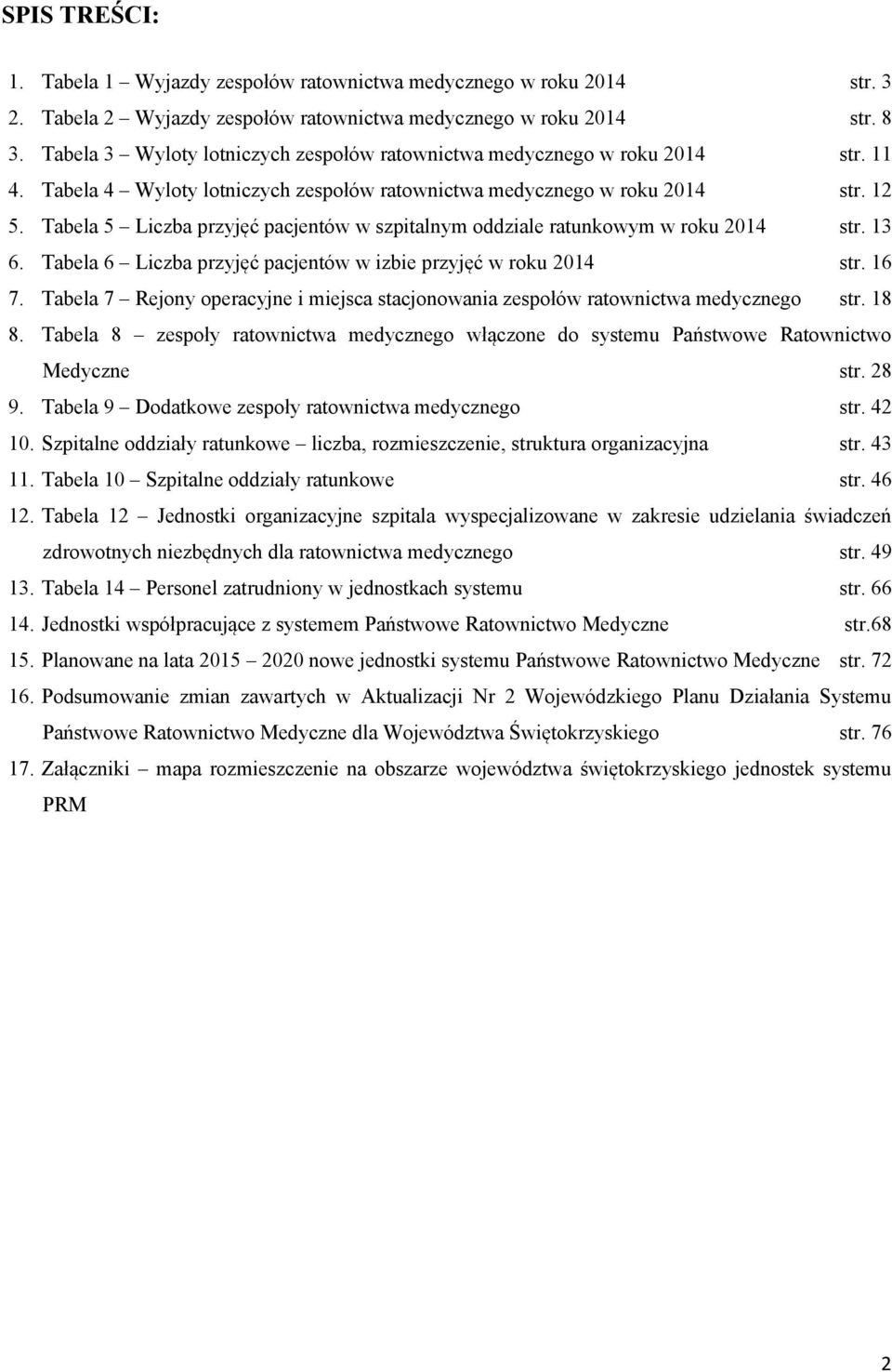 Tabela 6 Liczba przyjęć pacjentów w izbie przyjęć w roku 204 str. 6 7. Tabela 7 Rejony operacyjne i miejsca stacjonowania zespołów str. 8 8.