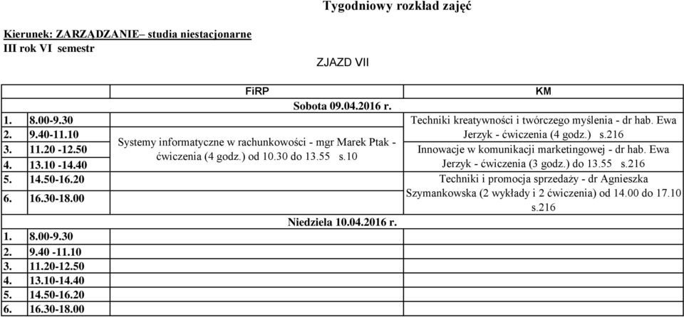 Ewa Jerzyk - ćwiczenia (4 godz.) s.216 Innowacje w komunikacji marketingowej - dr hab.