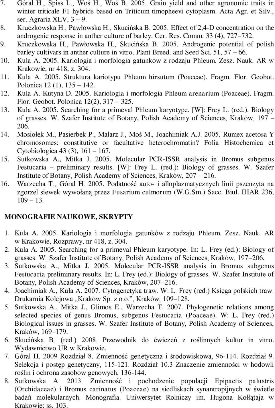 Plant Breed. and Seed Sci. 51, 57 66. 10. Kula A. 2005. Kariologia i morfologia gatunków z rodzaju Phleum. Zesz. Nauk. AR w Krakowie, nr 418, z. 304. 11. Kula A. 2005. Struktura kariotypu Phleum hirsutum (Poaceae).