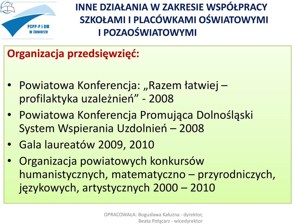 Powiatowa Konferencja Promująca Dolnośląski System Wspierania Uzdolnień 2008 Gala laureatów 2009,