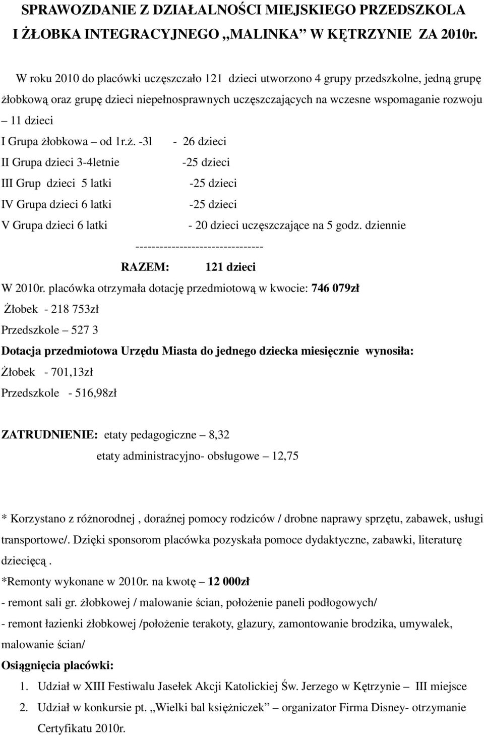 Grupa żłobkowa od 1r.ż. -3l - 26 dzieci II Grupa dzieci 3-4letnie III Grup dzieci 5 latki IV Grupa dzieci 6 latki V Grupa dzieci 6 latki - 20 dzieci uczęszczające na 5 godz.