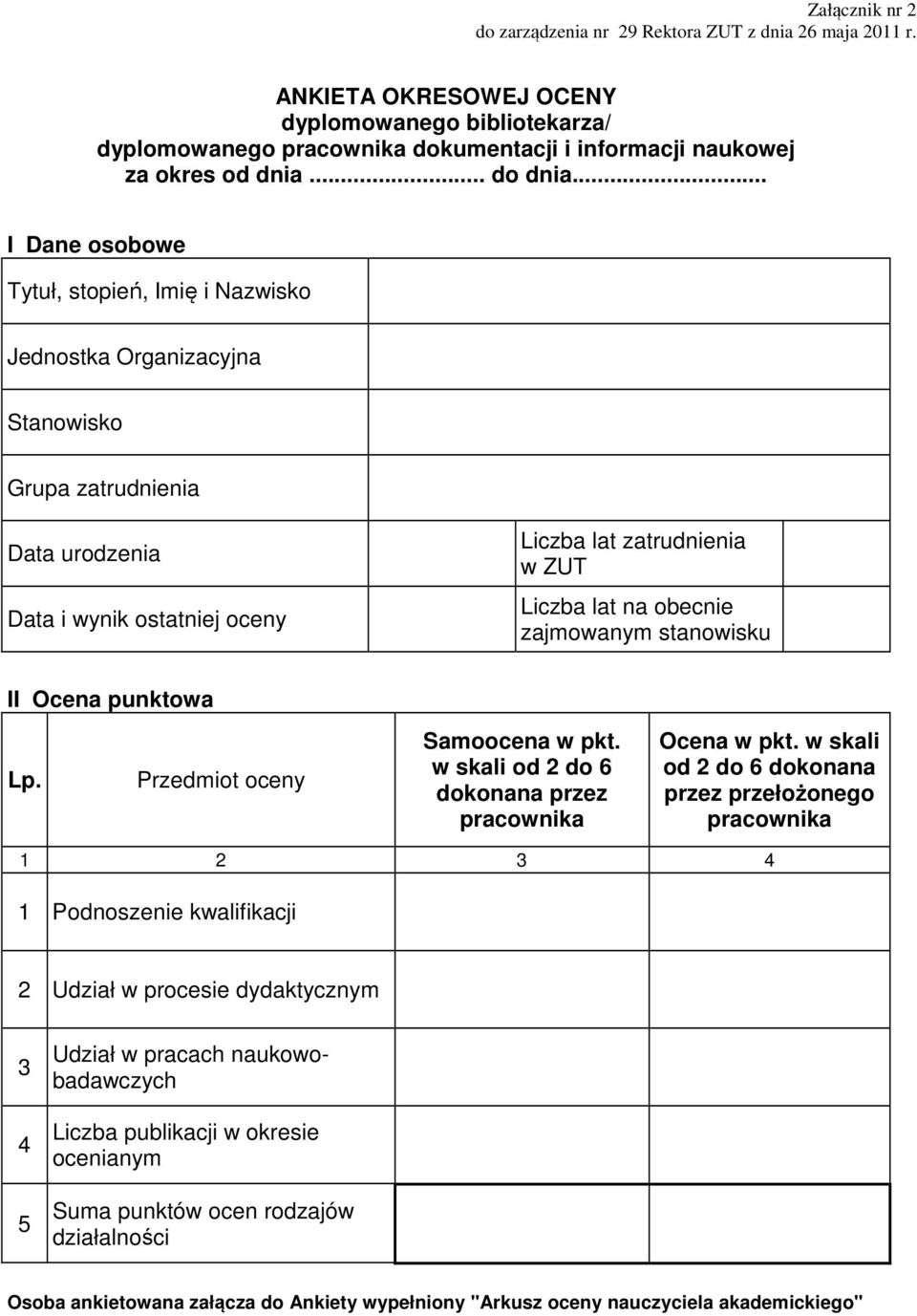 .. I Dane osobowe Tytuł, stopień, Imię i Nazwisko Jednostka Organizacyjna Stanowisko Grupa zatrudnienia Data urodzenia Data i wynik ostatniej oceny Liczba lat zatrudnienia w ZUT Liczba lat na obecnie