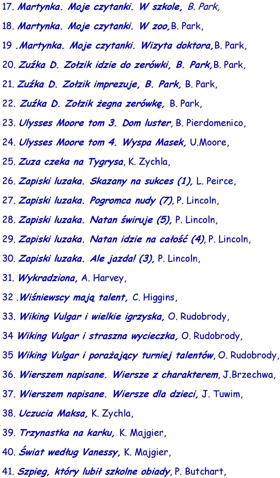 Moore, 25. Zuza czeka na Tygrysa, K. Zychla, 26. Zapiski luzaka. Skazany na sukces (1), L. Peirce, 27. Zapiski luzaka. Pogromca nudy (7), P. Lincoln, 28. Zapiski luzaka. Natan świruje (5), P.