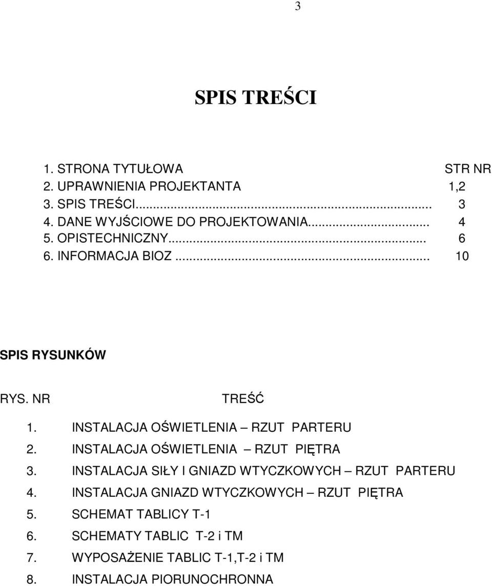 INSTALACJA OŚWIETLENIA RZUT PARTERU 2. INSTALACJA OŚWIETLENIA RZUT PIĘTRA 3.