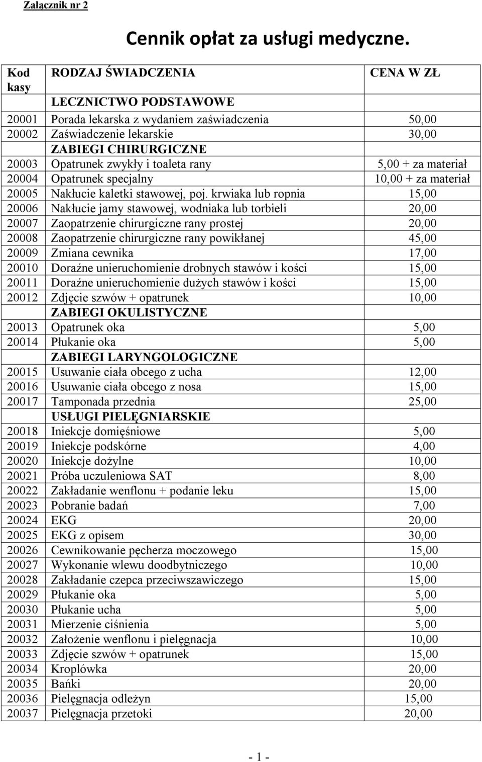 toaleta rany 5,00 + za materiał 20004 Opatrunek specjalny 10,00 + za materiał 20005 Nakłucie kaletki stawowej, poj.