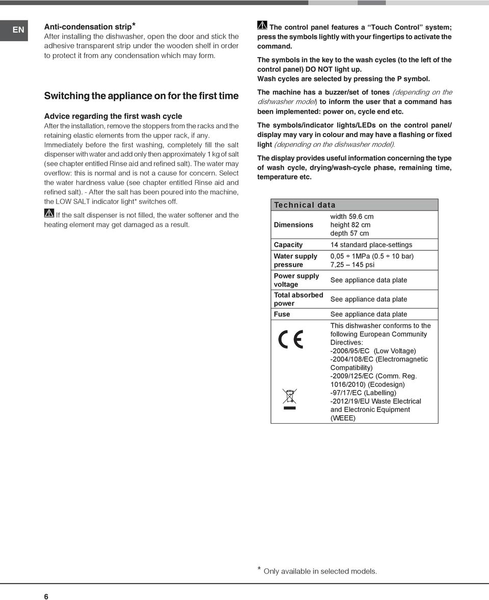 if any. Immediately before the first washing, completely fill the salt dispenser with water and add only then approximately 1 kg of salt (see chapter entitled Rinse aid and refined salt).