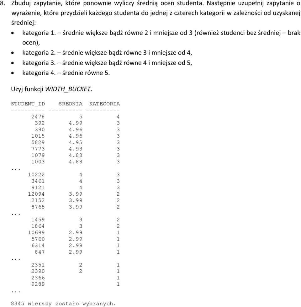 średnie większe bądź równe 2 i mniejsze od 3 (również studenci bez średniej brak ocen), kategoria 2. średnie większe bądź równe 3 i mniejsze od 4, kategoria 3.