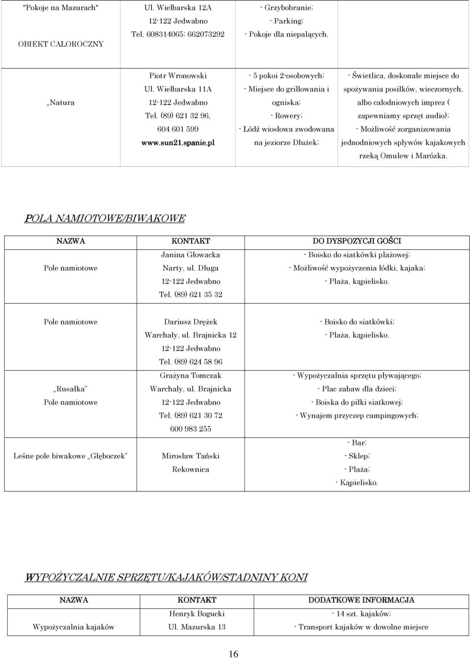 (89) 621 32 96, - Rowery; zapewniamy sprzęt audio); 604 601 599 - Łódź wiosłowa zwodowana - Możliwość zorganizowania www.sun21.spanie.