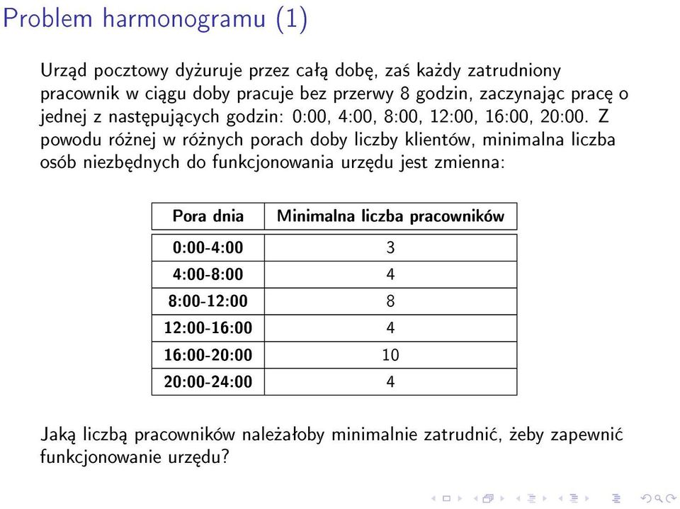 Z powodu ró»nej w ró»nych porach doby liczby klientów, minimalna liczba osób niezb dnych do funkcjonowania urz du jest zmienna: Pora dnia