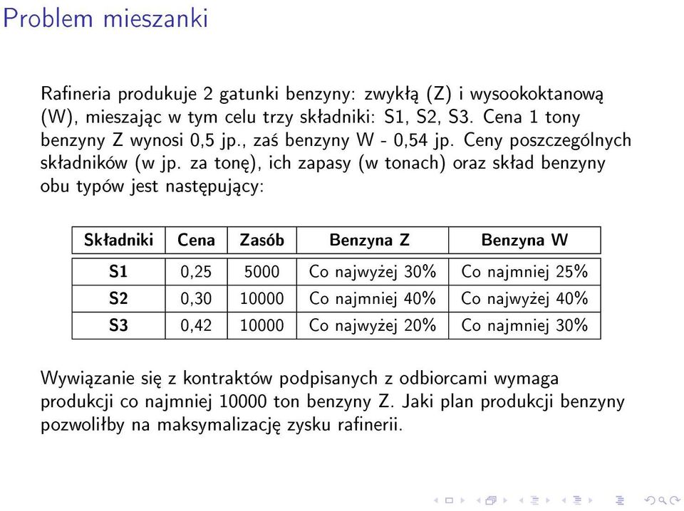 za ton ), ich zapasy (w tonach) oraz skªad benzyny obu typów jest nast puj cy: Skªadniki Cena Zasób Benzyna Z Benzyna W S1 0,25 5000 Co najwy»ej 30% Co najmniej 25%