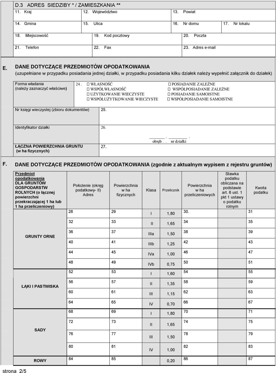DANE DOTYCZĄCE PRZEDMIOTÓW OPODATKOWANIA (uzupełniane w przypadku posiadania jednej działki, w przypadku posiadania kilku działek należy wypełnić załącznik do działek) Forma władania (należy
