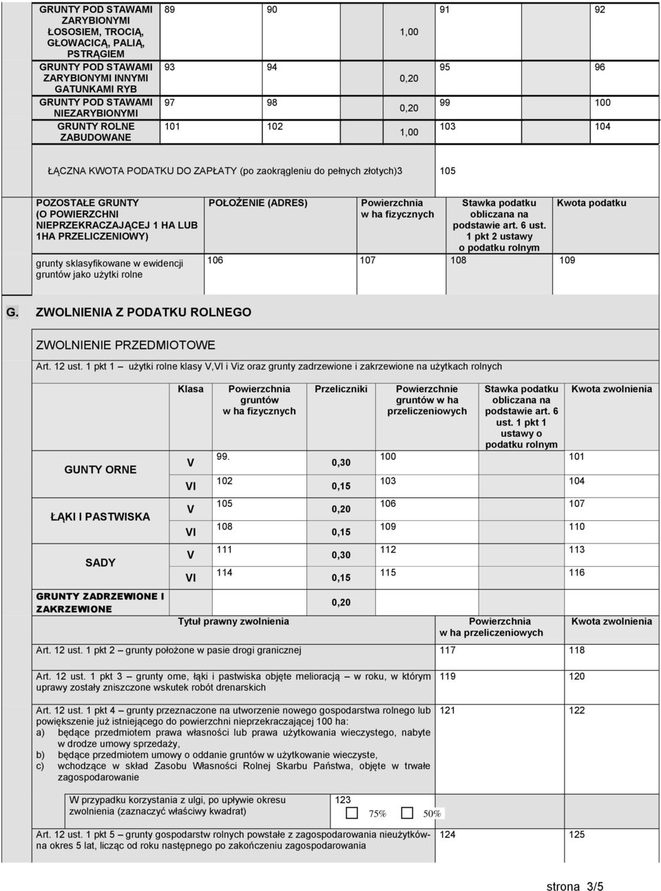 PRZELICZENIOWY) grunty sklasyfikowane w ewidencji jako użytki rolne POŁOŻENIE (ADRES) w ha fizycznych Stawka podatku podstawie art. 6 ust.