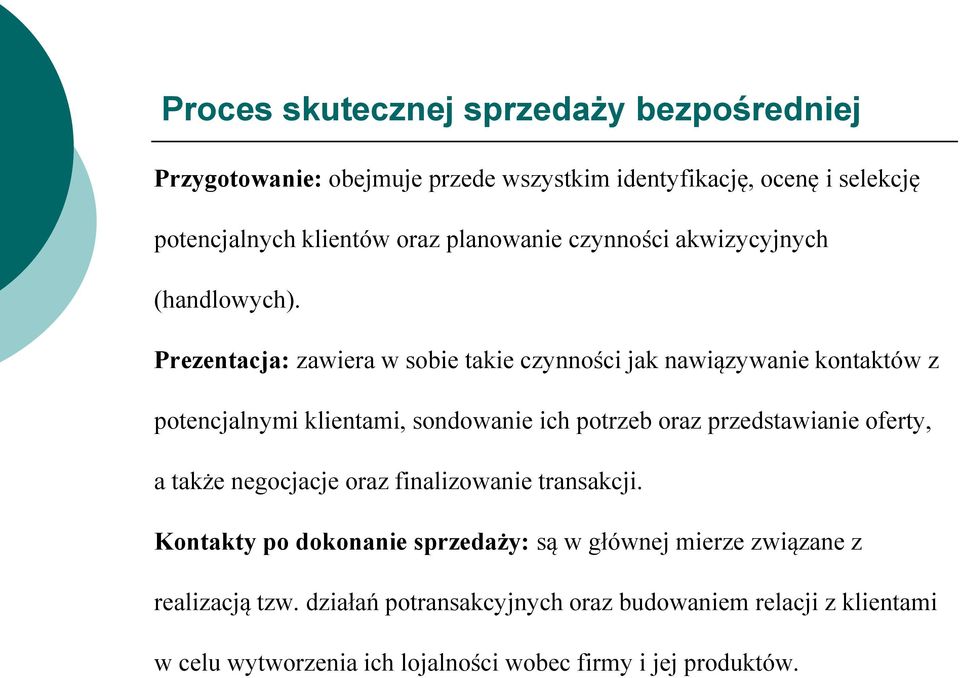 Prezentacja: zawiera w sobie takie czynności jak nawiązywanie kontaktów z potencjalnymi klientami, sondowanie ich potrzeb oraz przedstawianie