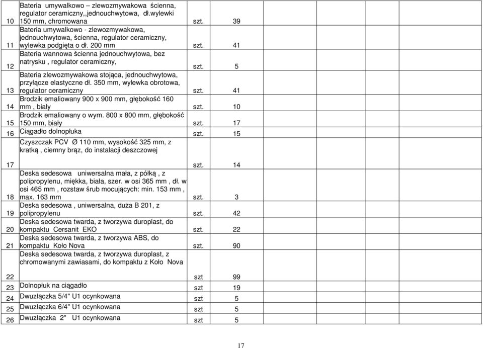 41 Bateria wannowa ścienna jednouchwytowa, bez natrysku, regulator ceramiczny, szt. 5 Bateria zlewozmywakowa stojąca, jednouchwytowa, przyłącze elastyczne dł.