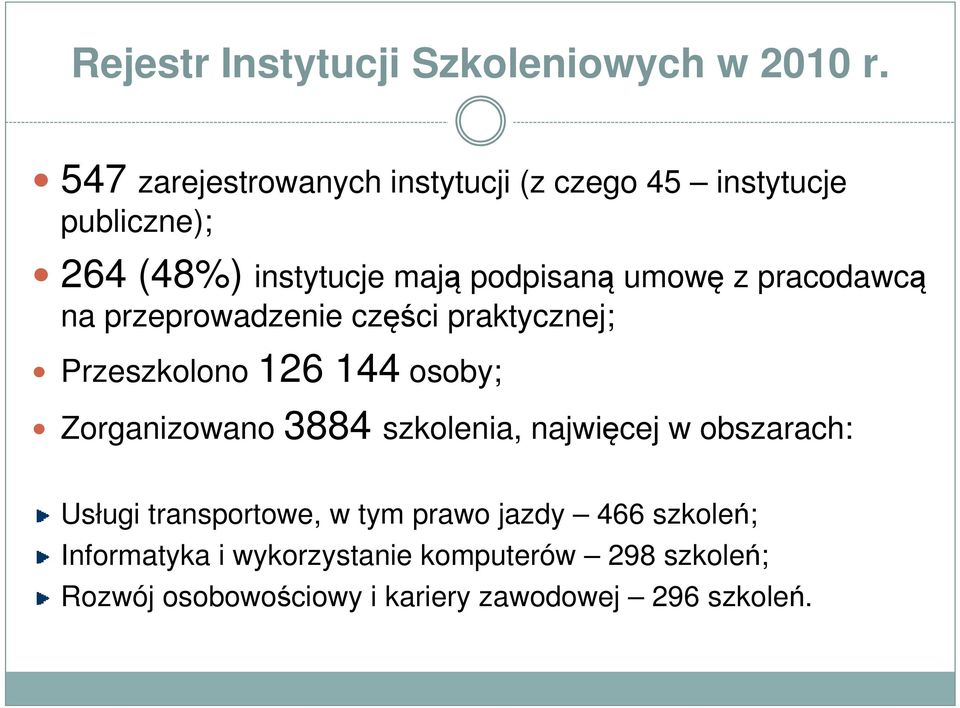 pracodawcą na przeprowadzenie części praktycznej; Przeszkolono 126 144 osoby; Zorganizowano 3884 szkolenia,