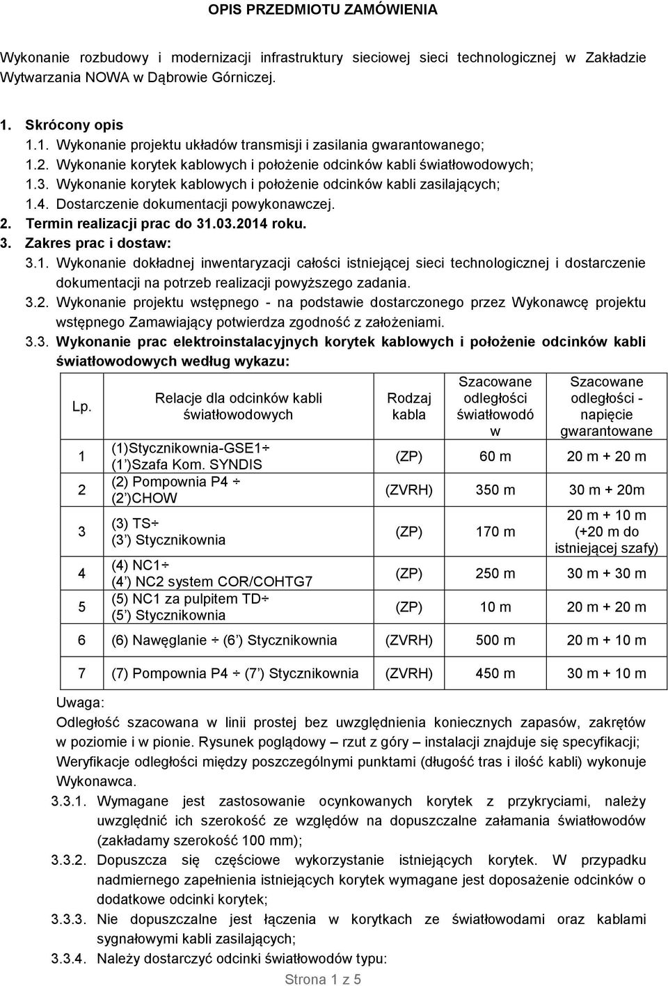 Wykonanie korytek kablowych i położenie odcinków kabli zasilających; 1.