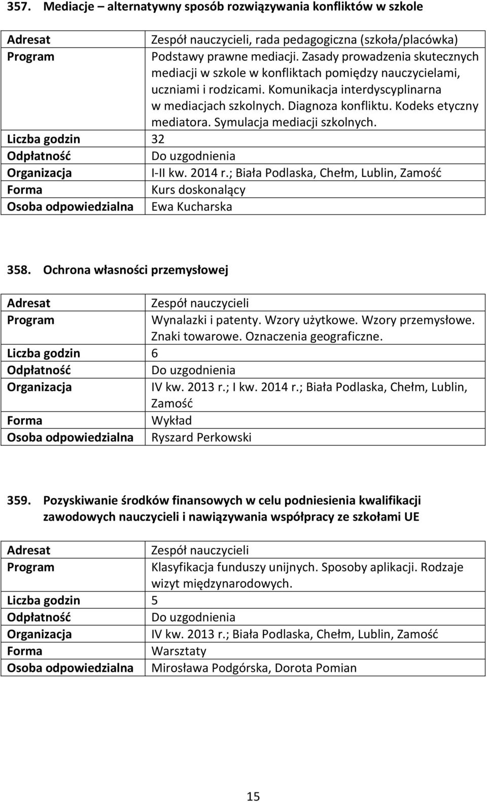 Kodeks etyczny mediatora. Symulacja mediacji szkolnych. Liczba godzin 32 Osoba odpowiedzialna Ewa Kucharska 358. Ochrona własności przemysłowej Zespół nauczycieli Wynalazki i patenty. Wzory użytkowe.