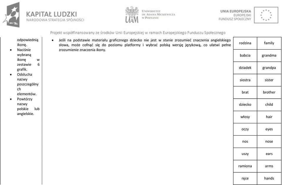 Jeśli na podstawie materiału graficznego dziecko nie jest w stanie zrozumieć znaczenia angielskiego słowa, może cofnąć się do