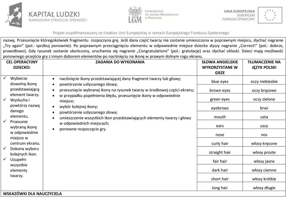 : gratulacje) oraz słychać oklaski. Dzieci mają możliwość ponownego przejścia gry z innym doborem elementów po naciśnięciu na ikonę w prawym dolnym rogu ekranu.