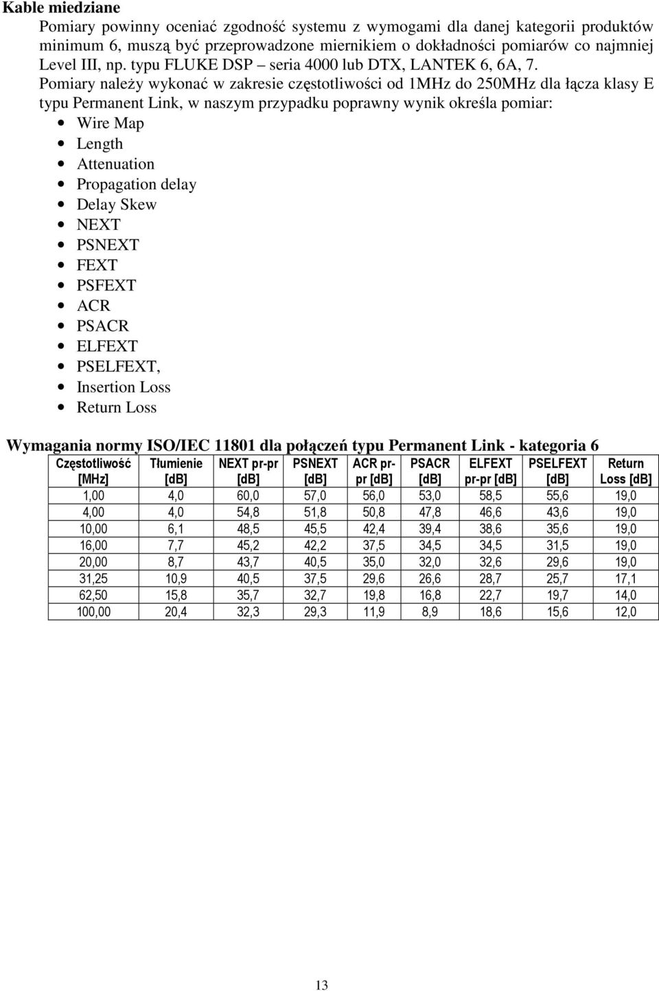 Pomiary naleŝy wykonać w zakresie częstotliwości od 1MHz do 250MHz dla łącza klasy E typu Permanent Link, w naszym przypadku poprawny wynik określa pomiar: Wire Map Length Attenuation Propagation