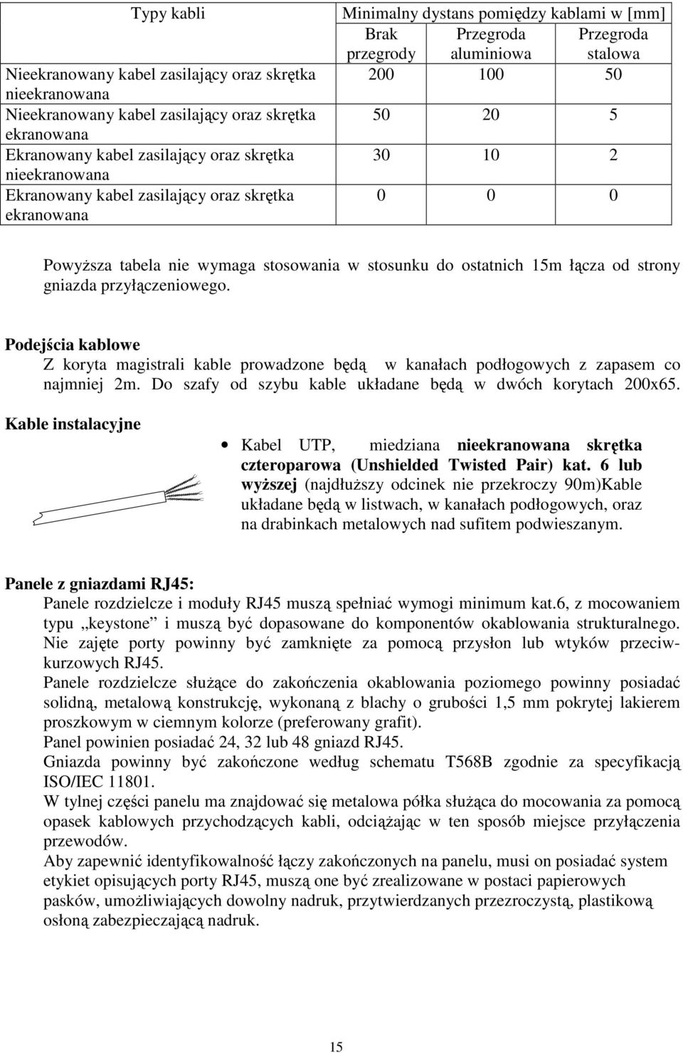 stosowania w stosunku do ostatnich 15m łącza od strony gniazda przyłączeniowego. Podejścia kablowe Z koryta magistrali kable prowadzone będą w kanałach podłogowych z zapasem co najmniej 2m.