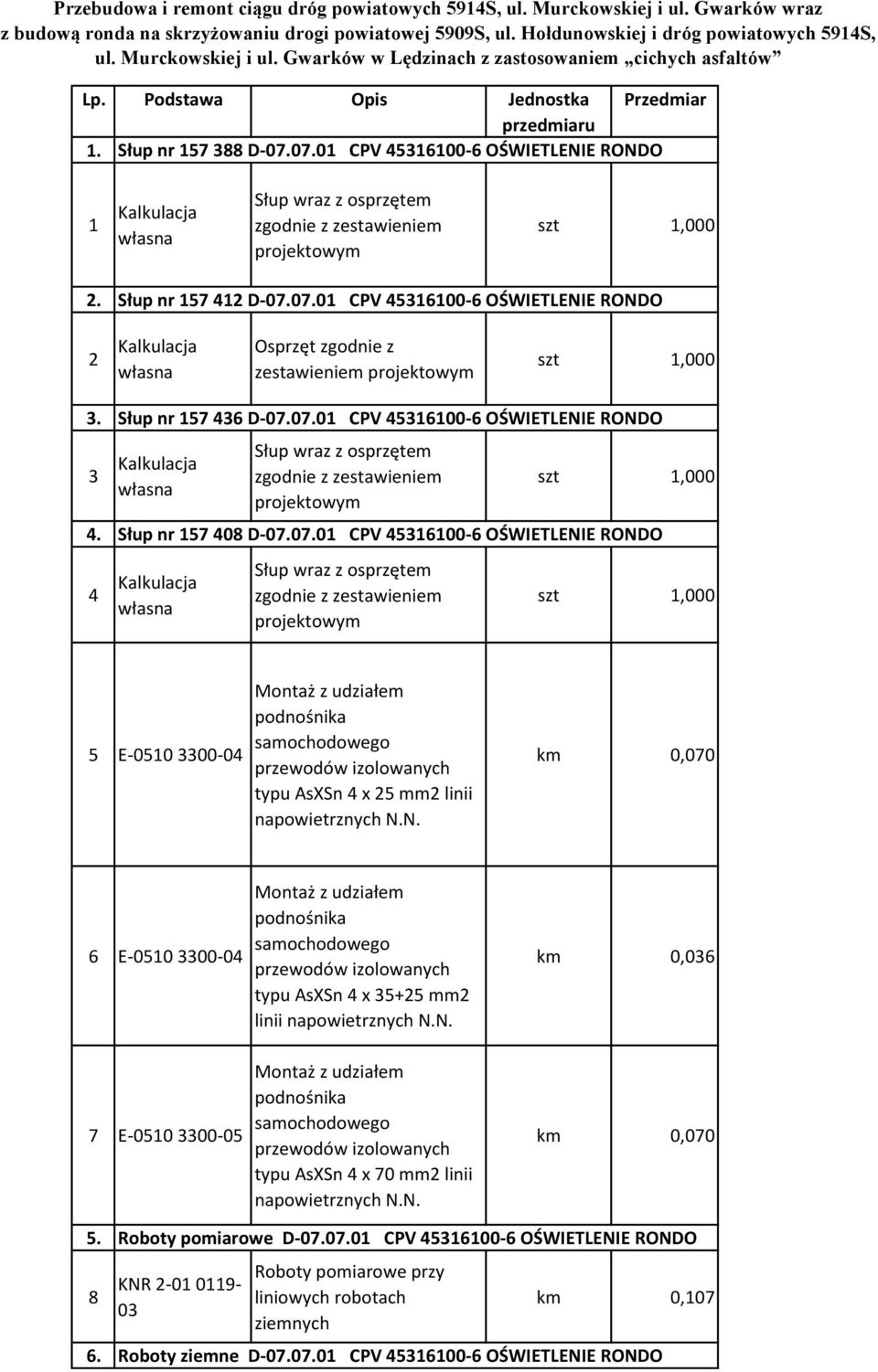 07. CPV 45316100-6 OŚWIETLENIE RONDO 1 Kalkulacja Słup wraz z osprzętem zgodnie z zestawieniem projektowym szt 1,000 2. Słup nr 157 412 D-07.07. CPV 45316100-6 OŚWIETLENIE RONDO 2 Kalkulacja Osprzęt zgodnie z zestawieniem projektowym szt 1,000 3.