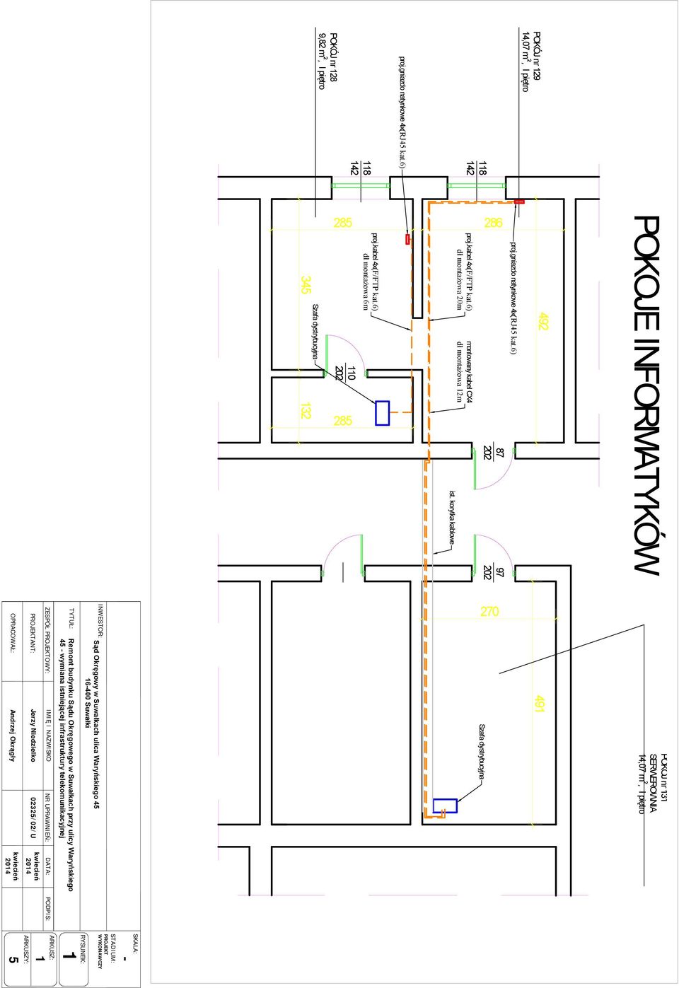 6) 492 POKOJE INFORMATYKÓW OPRACOWAŁ: Andrzej Okrągły 5 PROJEKTANT: ARKUSZY: Jerzy Niedzielko 02325/02/U ZESPÓŁ PROJEKTOWY: IMIĘ I NAZWISKO NR UPRAWNIEŃ: DATA: PODPIS: ARKUSZ: 1 TYTUŁ: Remont budynku