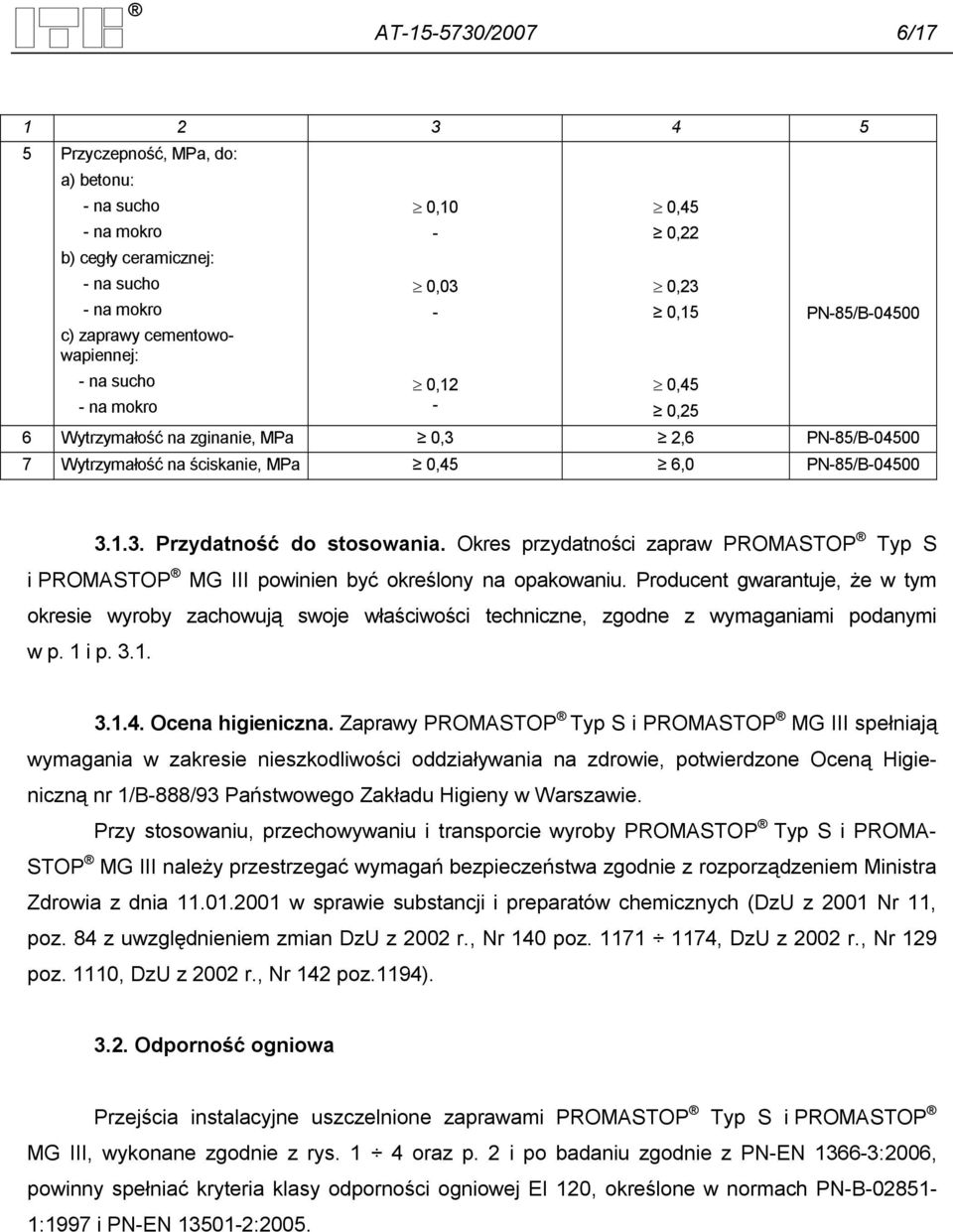 Okres przydatności zapraw PROMASTOP Typ S i PROMASTOP MG III powinien być określony na opakowaniu.