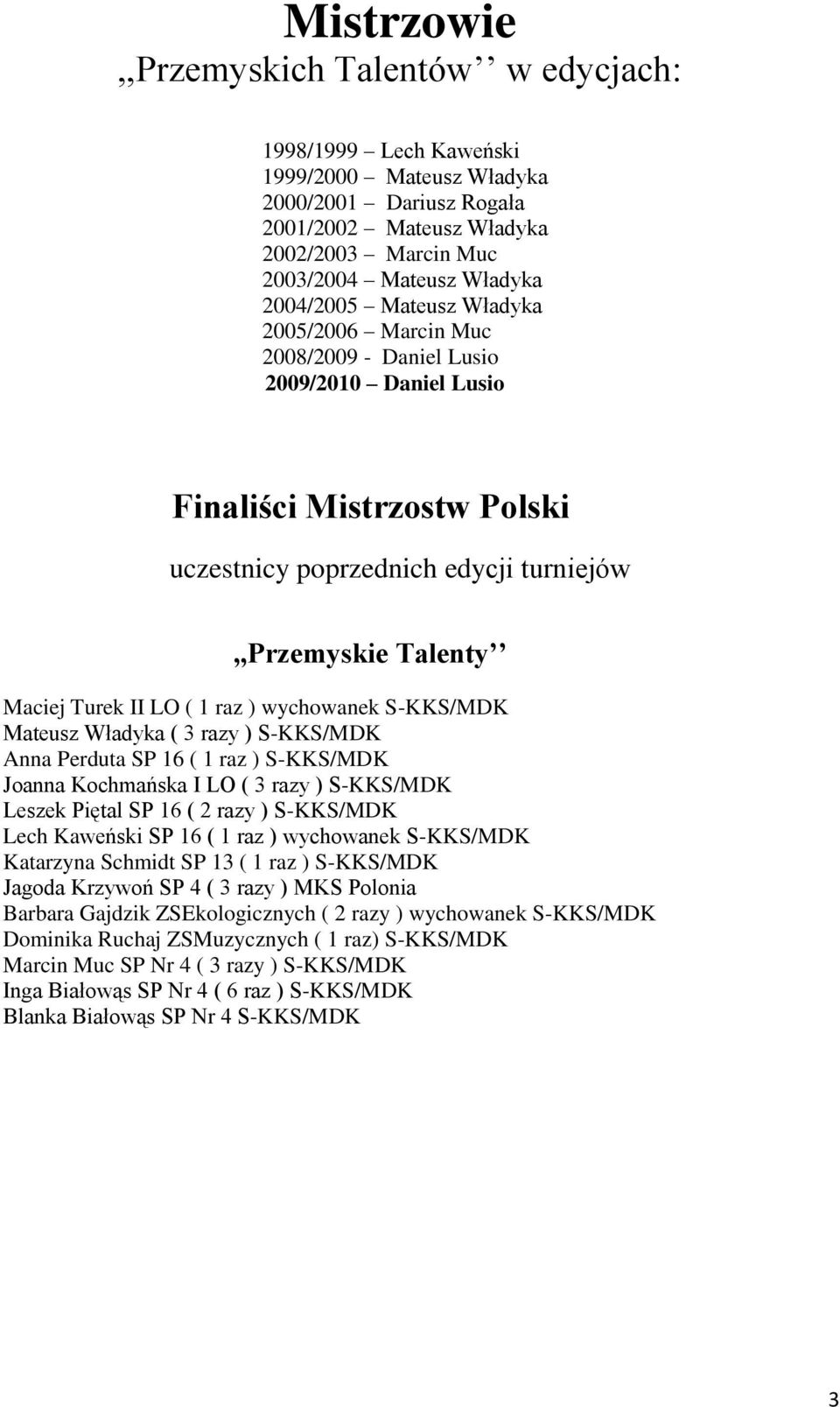 LO ( 1 raz ) wychowanek S-KKS/MDK Mateusz Władyka ( 3 razy ) S-KKS/MDK Anna Perduta SP 16 ( 1 raz ) S-KKS/MDK Joanna Kochmańska I LO ( 3 razy ) S-KKS/MDK Leszek Piętal SP 16 ( 2 razy ) S-KKS/MDK Lech