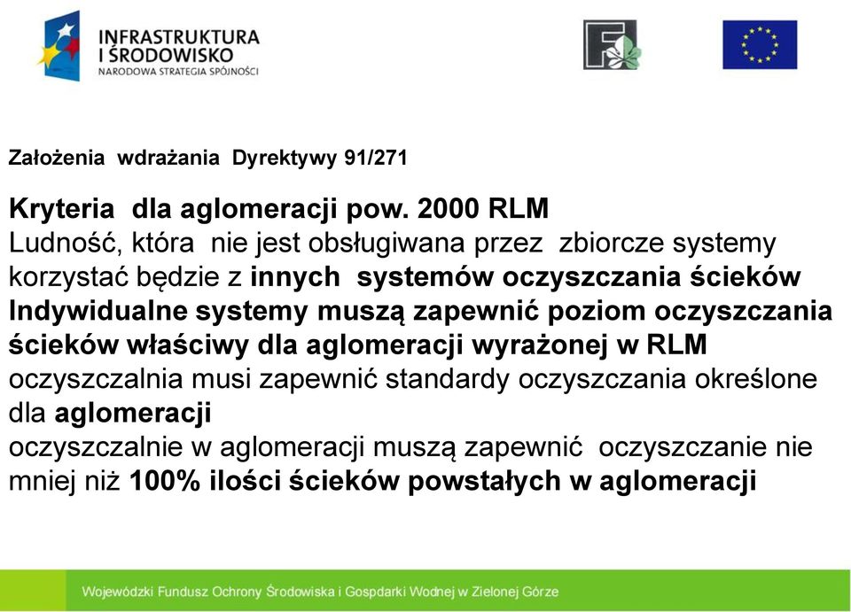 ścieków Indywidualne systemy muszą zapewnić poziom oczyszczania ścieków właściwy dla aglomeracji wyrażonej w RLM