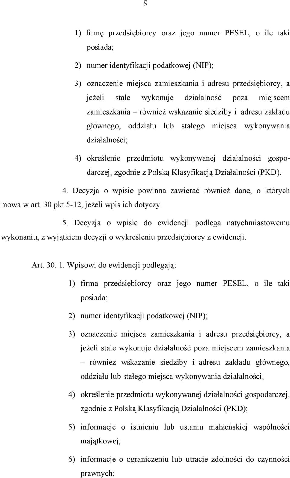 gospodarczej, zgodnie z Polską Klasyfikacją Działalności (PKD). 4. Decyzja o wpisie powinna zawierać również dane, o których mowa w art. 30 pkt 5-