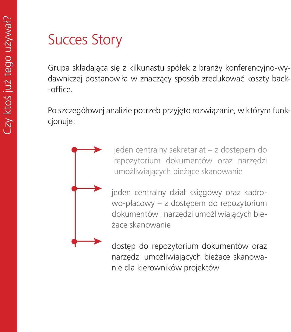 Po szczegółowej analizie potrzeb przyjęto rozwiązanie, w którym funkcjonuje: jeden centralny sekretariat z dostępem do repozytorium dokumentów oraz