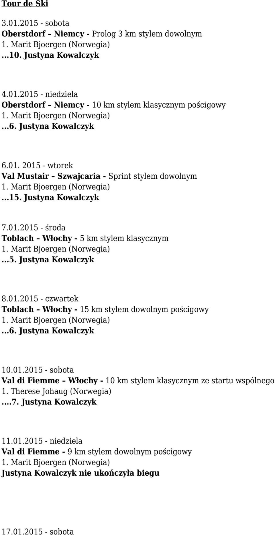 01.2015 - czwartek Toblach Włochy - 15 km stylem dowolnym pościgowy...6. Justyna Kowalczyk 10.01.2015 - sobota Val di Fiemme Włochy - 10 km stylem klasycznym ze startu wspólnego.