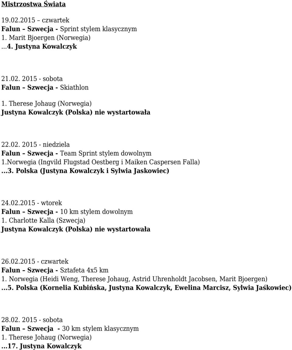 Charlotte Kalla (Szwecja) 26.02.2015 - czwartek Falun Szwecja - Sztafeta 4x5 km 1. Norwegia (Heidi Weng, Therese Johaug, Astrid Uhrenholdt Jacobsen, Marit Bjoergen)...5. Polska (Kornelia Kubińska, Justyna Kowalczyk, Ewelina Marcisz, Sylwia Jaśkowiec) 28.