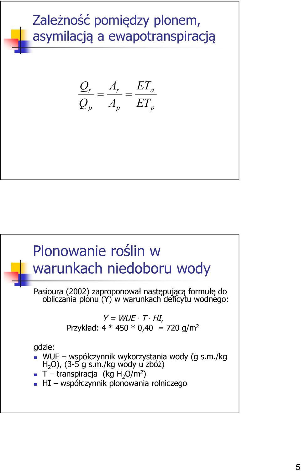 deficytu wodnego: gdzie: Y = WUE. T.