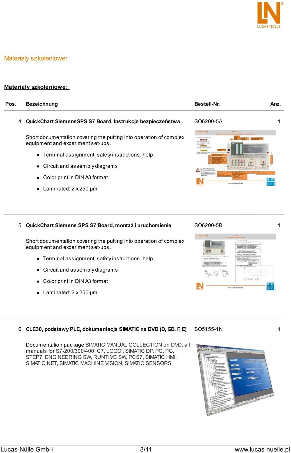 Terminal assignment, safety instructions, help Circuit and assembly diagrams Color print in DIN A3 format Laminated: 2 x 250 µm 5 QuickChart Siemens SPS S7 Board, montaż i uruchomienie SO6200-5B 1