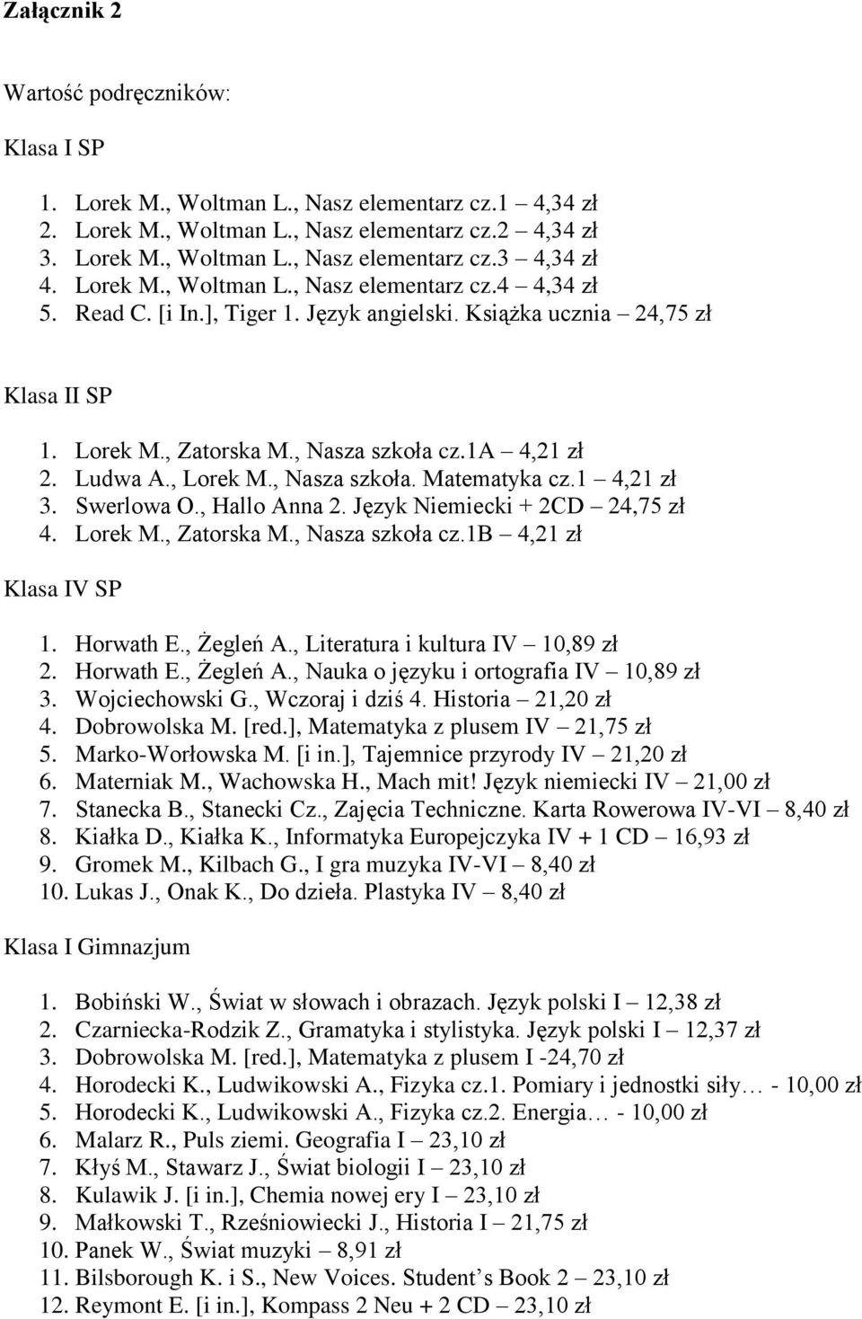 , Lorek M., Nasza szkoła. Matematyka cz.1 4,21 zł 3. Swerlowa O., Hallo Anna 2. Język Niemiecki + 2CD 24,75 zł 4. Lorek M., Zatorska M., Nasza szkoła cz.1b 4,21 zł Klasa IV SP 1. Horwath E., Żegleń A.