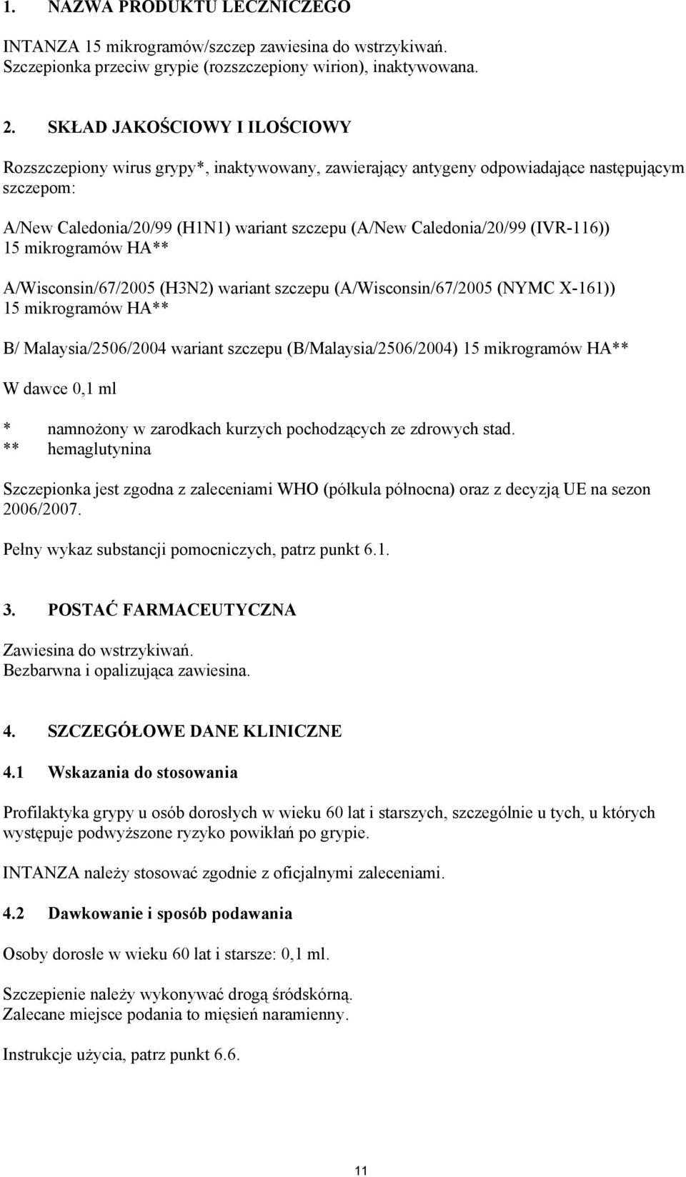 (IVR-116)) 15 mikrogramów HA** A/Wisconsin/67/2005 (H3N2) wariant szczepu (A/Wisconsin/67/2005 (NYMC X-161)) 15 mikrogramów HA** B/ Malaysia/2506/2004 wariant szczepu (B/Malaysia/2506/2004) 15