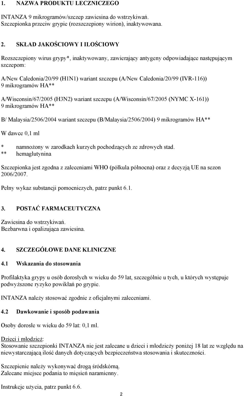 (IVR-116)) 9 mikrogramów HA** A/Wisconsin/67/2005 (H3N2) wariant szczepu (A/Wisconsin/67/2005 (NYMC X-161)) 9 mikrogramów HA** B/ Malaysia/2506/2004 wariant szczepu (B/Malaysia/2506/2004) 9