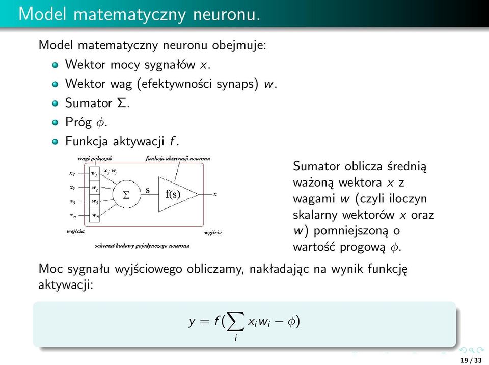 Sumator oblicza średnią ważoną wektora x z wagami w (czyli iloczyn skalarny wektorów x oraz w)