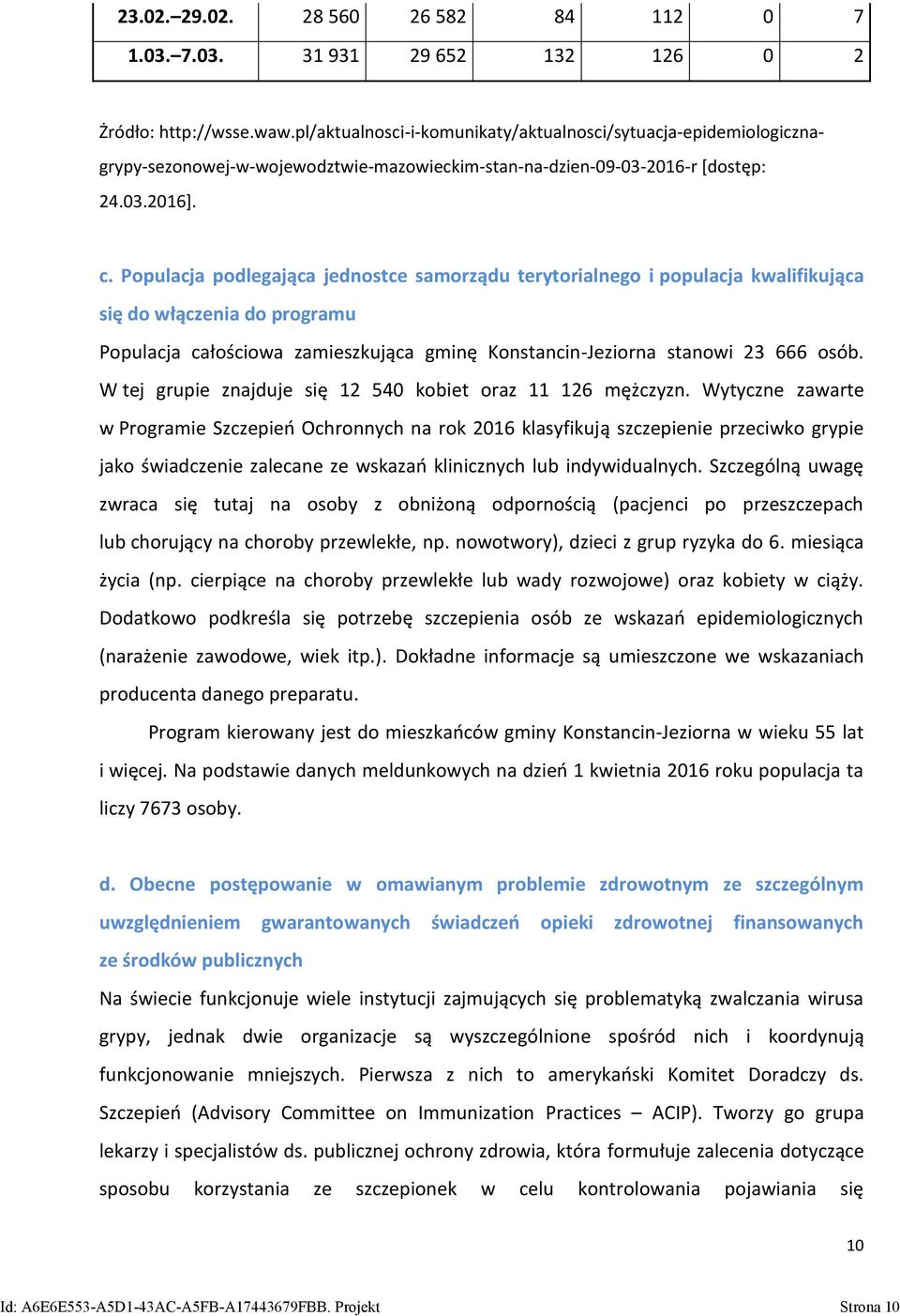 Populacja podlegająca jednostce samorządu terytorialnego i populacja kwalifikująca się do włączenia do programu Populacja całościowa zamieszkująca gminę Konstancin-Jeziorna stanowi 23 666 osób.