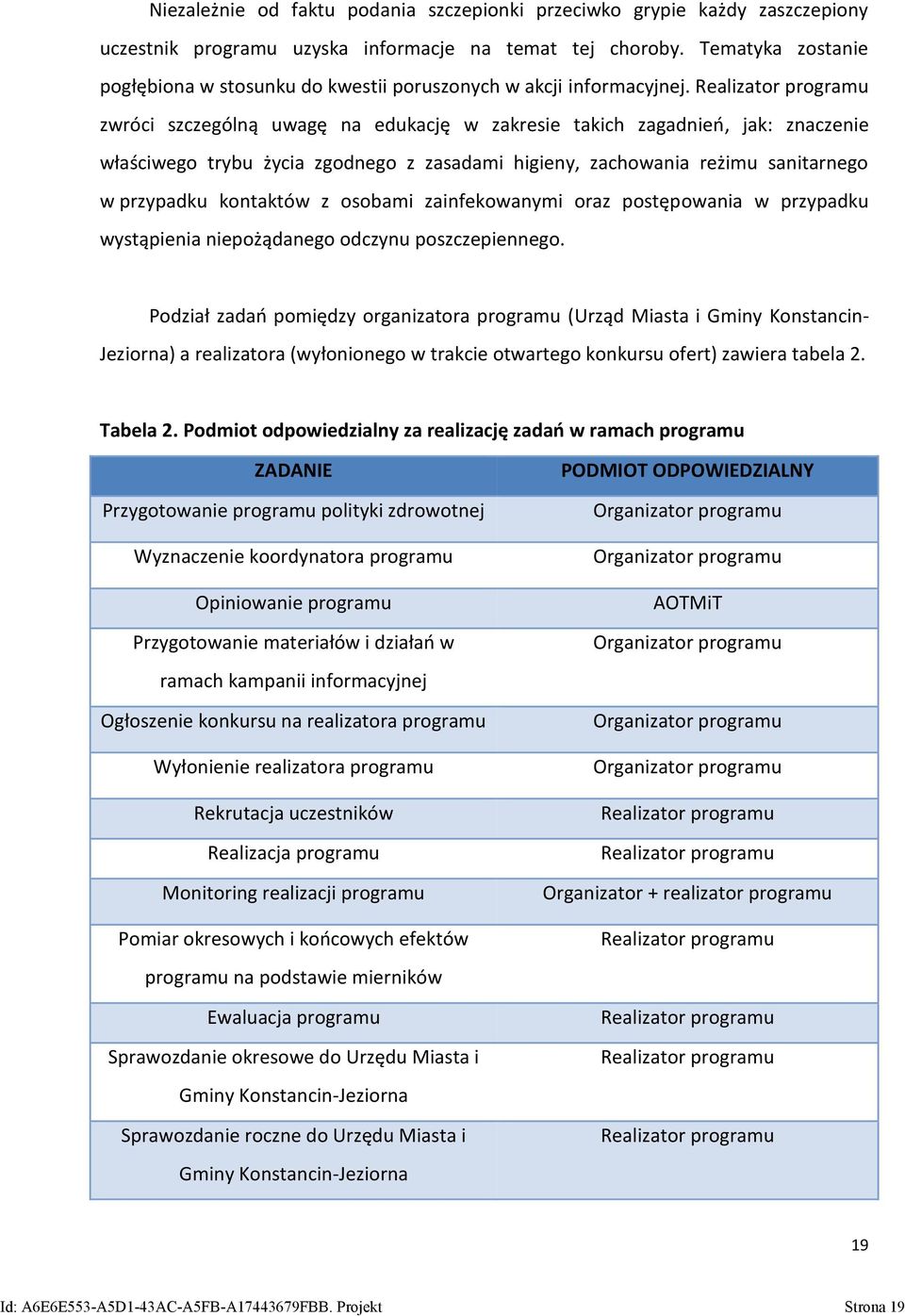 Realizator programu zwróci szczególną uwagę na edukację w zakresie takich zagadnień, jak: znaczenie właściwego trybu życia zgodnego z zasadami higieny, zachowania reżimu sanitarnego w przypadku