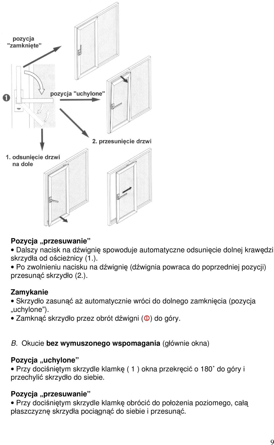 Zamknąć skrzydło przez obrót dźwigni (1) do góry. B.