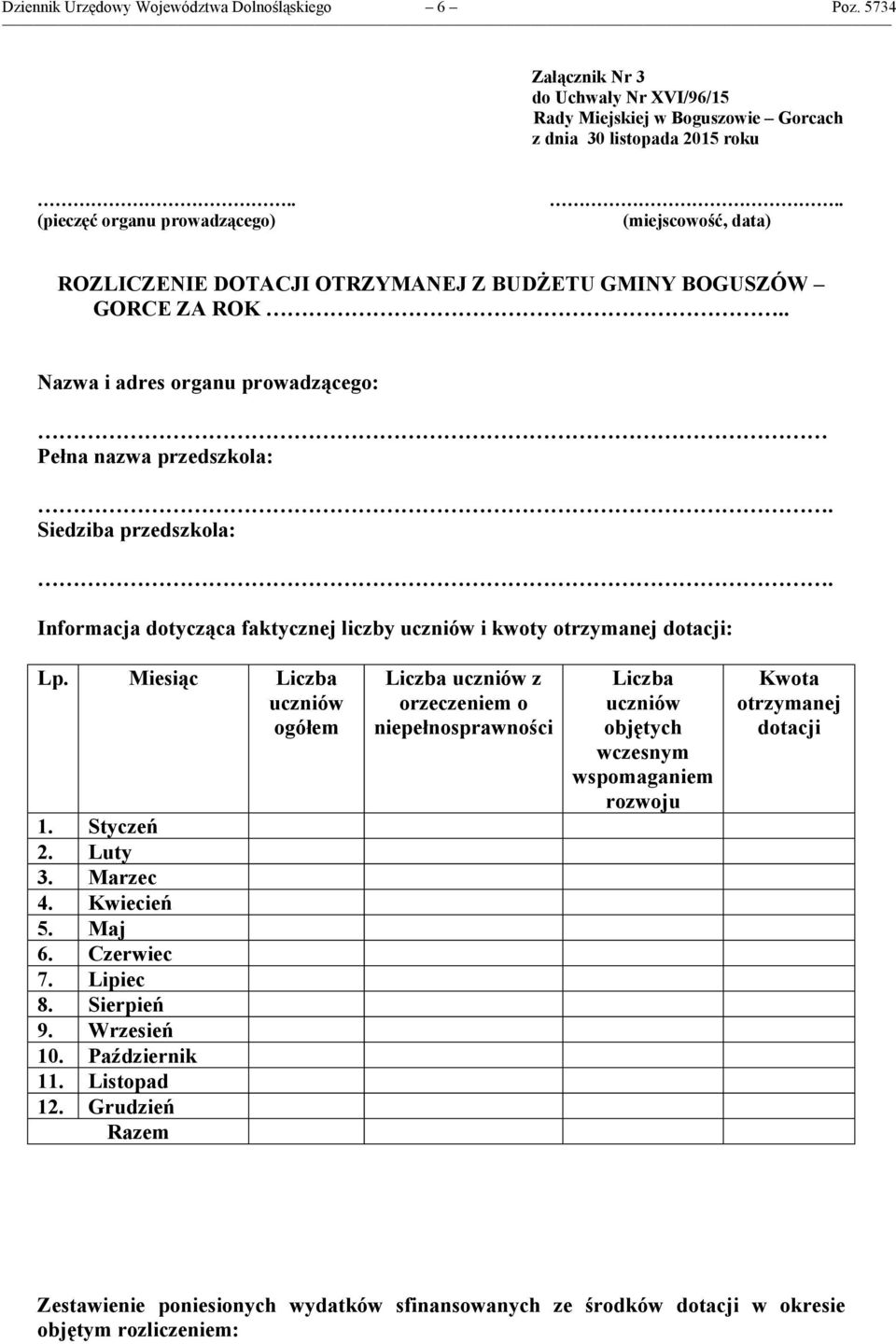 . Nazwa i adres organu prowadzącego: Pełna nazwa przedszkola: Siedziba przedszkola: Informacja dotycząca faktycznej liczby uczniów i kwoty otrzymanej dotacji: Lp. Miesiąc Liczba uczniów ogółem 1.