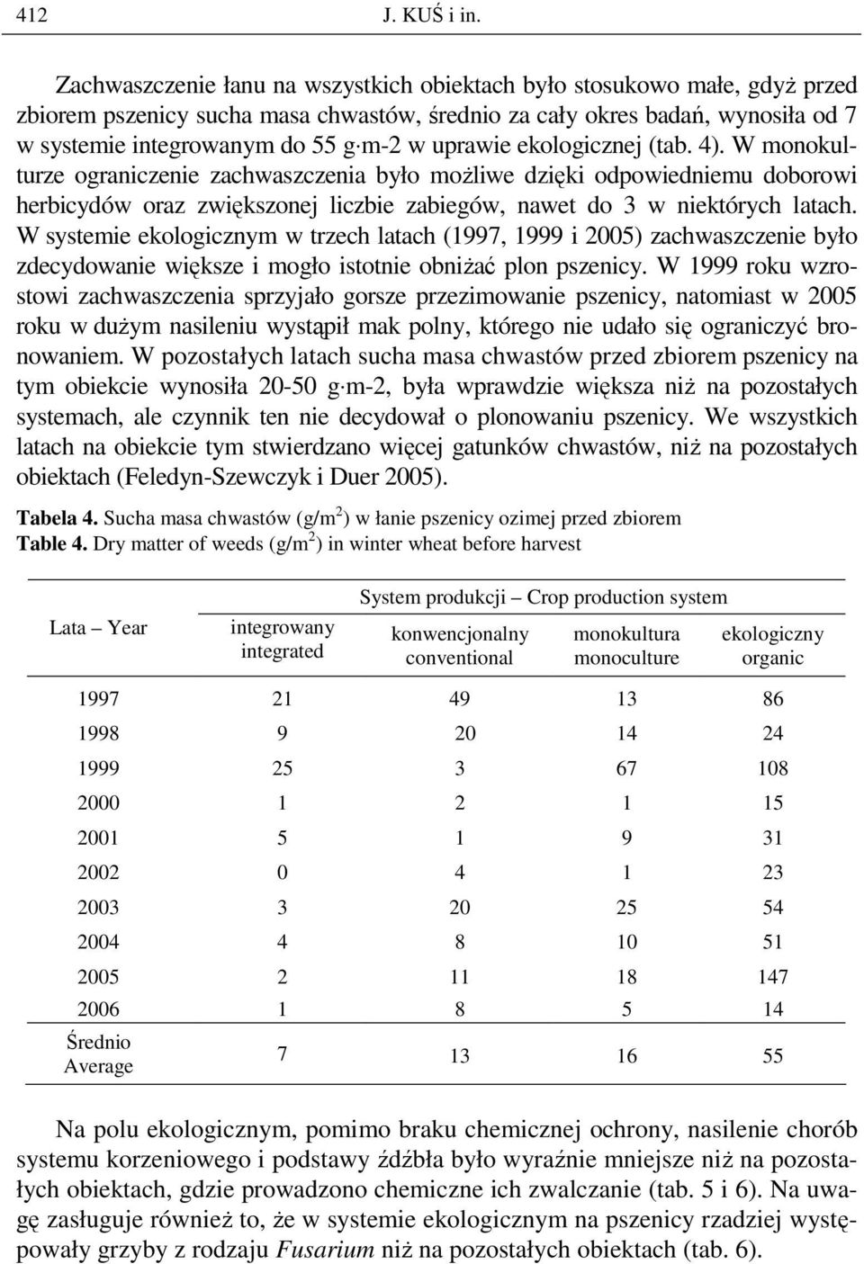 uprawie ekologicznej (tab. 4). W monokulturze ograniczenie zachwaszczenia było moŝliwe dzięki odpowiedniemu doborowi herbicydów oraz zwiększonej liczbie zabiegów, nawet do 3 w niektórych latach.