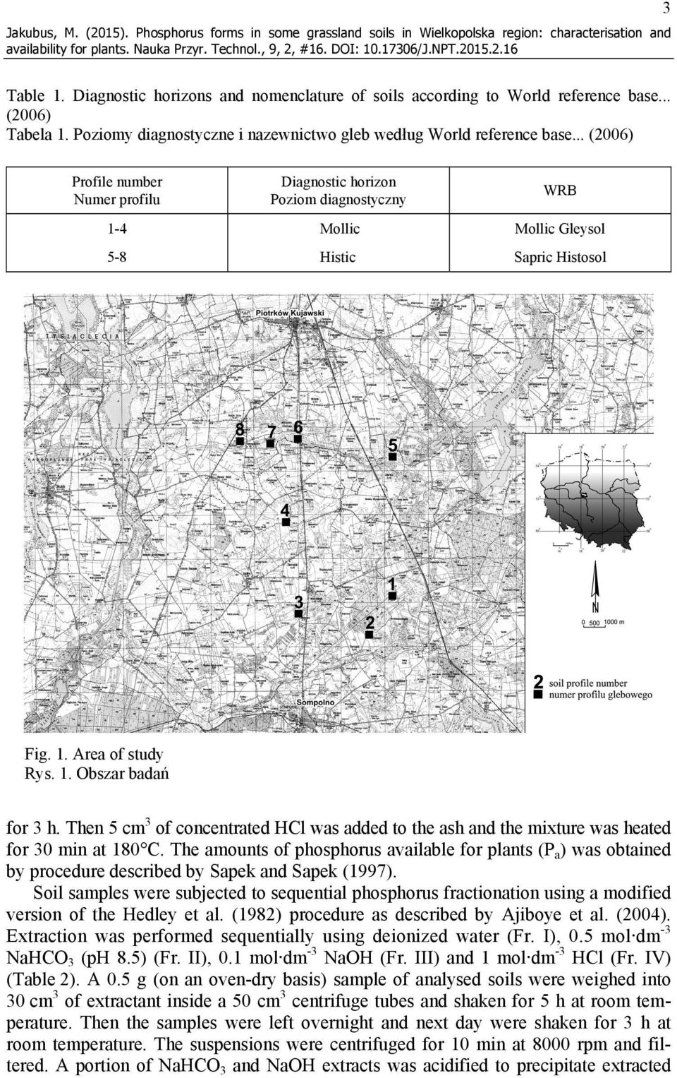 .. (2006) Profile number Numer profilu Diagnostic horizon Poziom diagnostyczny WRB 1-4 Mollic Mollic Gleysol 5-8 Histic Sapric Histosol Fig. 1. Area of study Rys. 1. Obszar badań for 3 h.